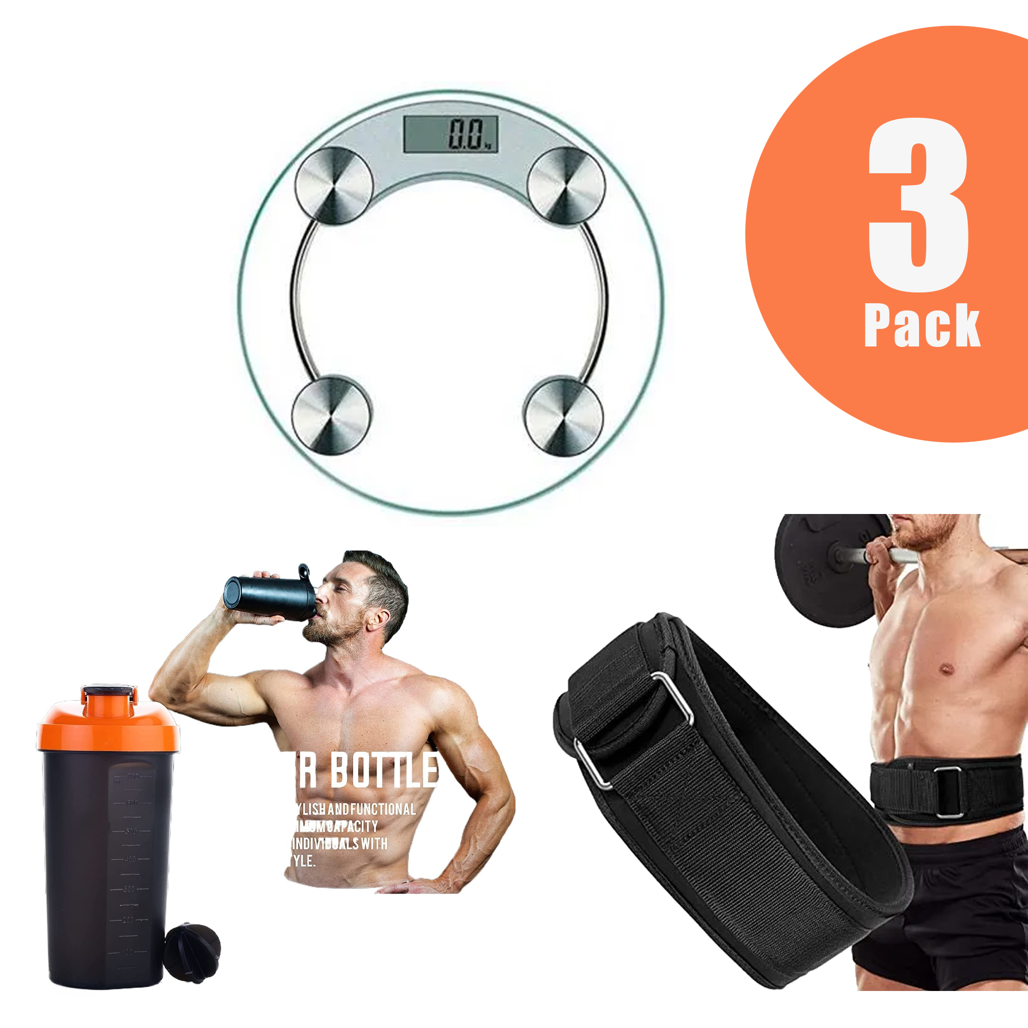 3 Pack Combo Offer: Gym Weight Lifting Belt for Powerlifting & Fitness Training + 750ml Protein Shaker Bottle + Digital Personal Weighing Scale | Home Workout Essentials | Body Weight Scale for Bathroom & Gym Use