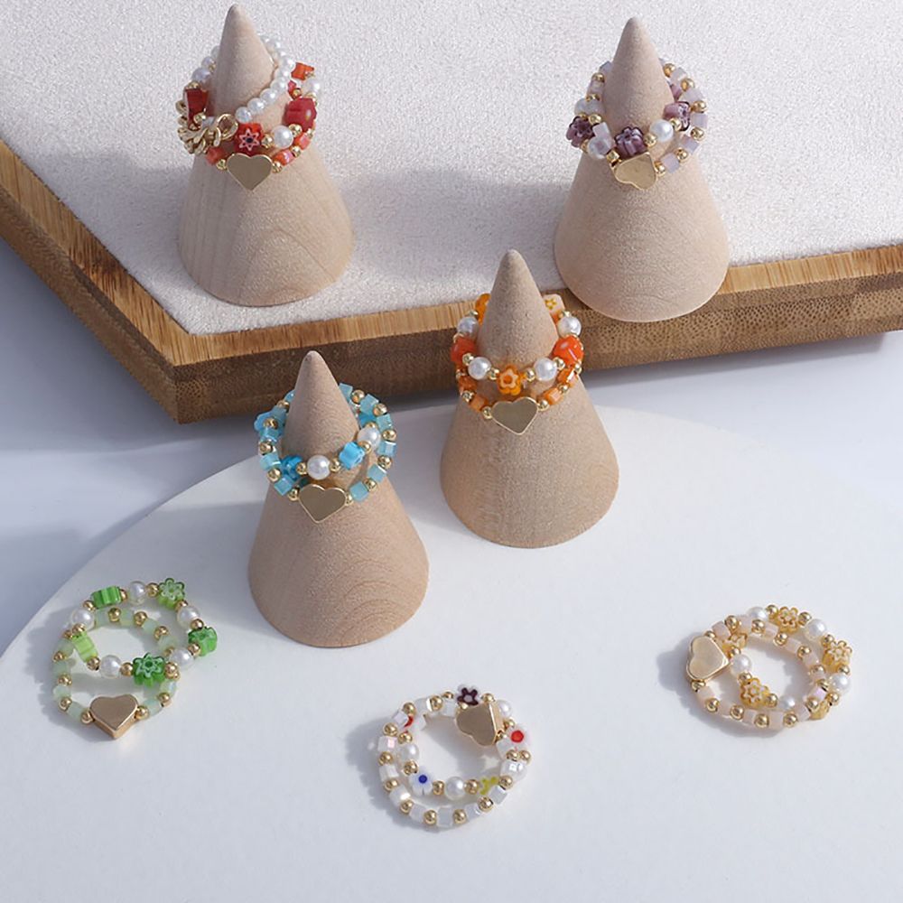 Sweet Trendy Acrylic Love Heart Flower Women Ring Beaded Rings Finger Ring Set Party Jewelry