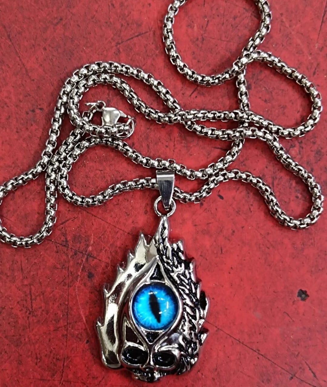 Retro Gothic Blue Evil Eye Protection Pendant Necklace for Men - Stainless Steel Punk Dragon Flame Skull Chain