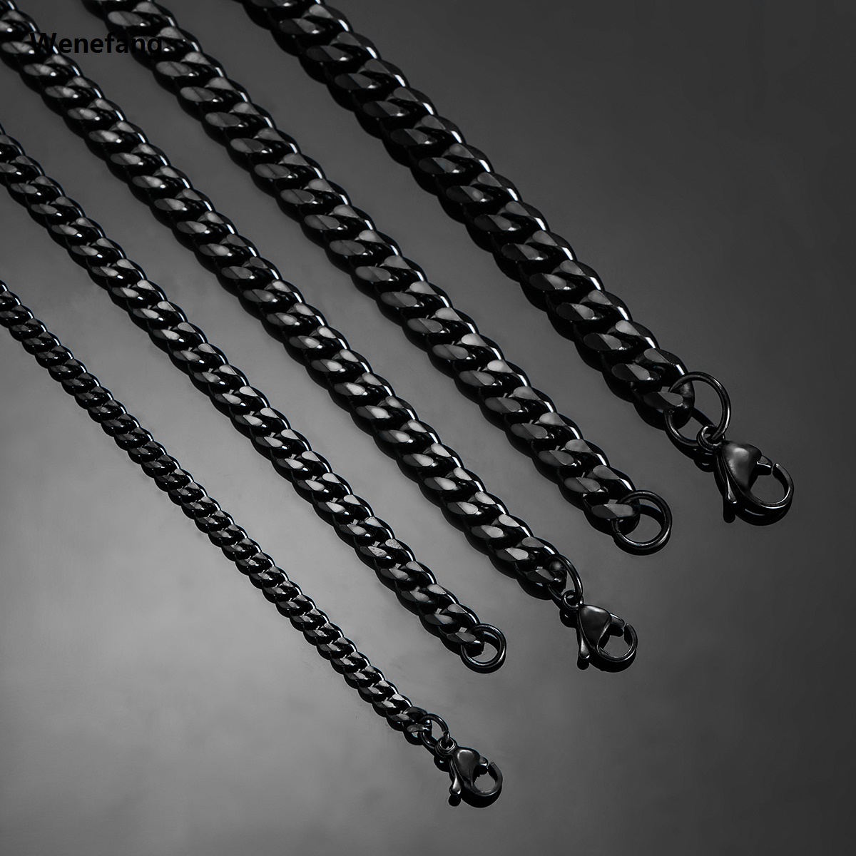 Wenefang 3.6mm/5mm/6mm/7mm/8mm Black Color Stainless Steel Cuban Link Original Chains Classic Men Boy Curb Chunky Necklace 14 to 30 Inches
