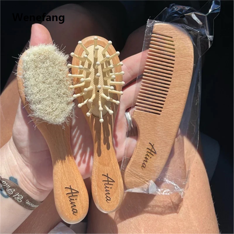Wenefang Custom Baby Name Personalized Baby Hair Brush Wooden Newborn Hair Brush Comb Birth/Christening/Birthday Baby Shower Gift