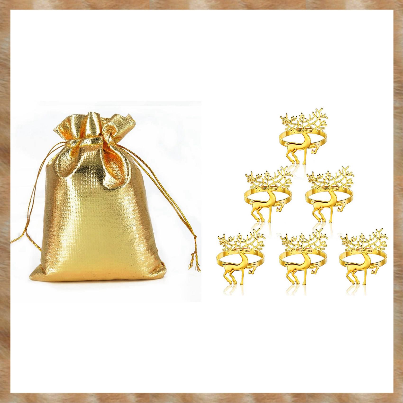 Kqueebee 100 Pcs Gold Foil Organza Bag & 6 Pcs Deer Napkin Rings