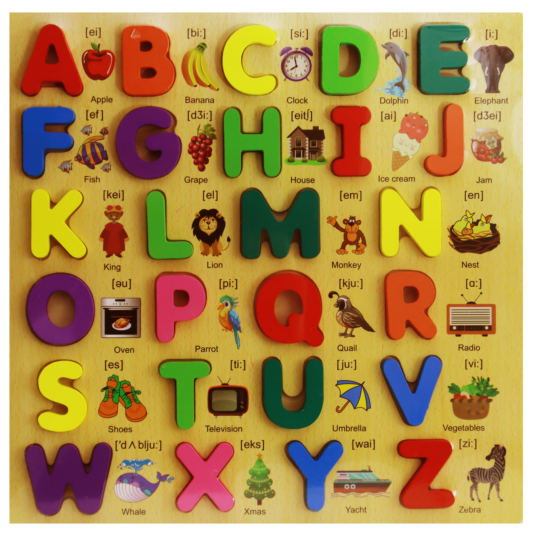 3-in-1 Wooden Alphabet & Number Puzzle Board - Educational Montessori Learning Toy with Teaching Clock - 3D ABC Letters, Counting & Shape Matching Jigsaw for Kids & Toddlers (30cm x 30cm)
