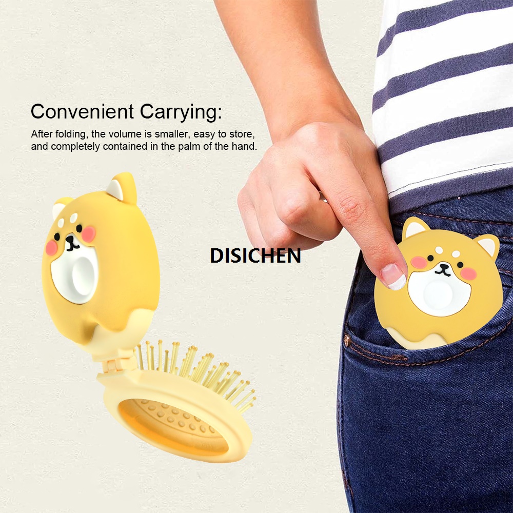 DISICHEN Mini Folding Hair Brush With Mirror Portable Hair Massage Comb Round Anti Detangling HairBrush Professional Travel Hair Comb Hot Selling