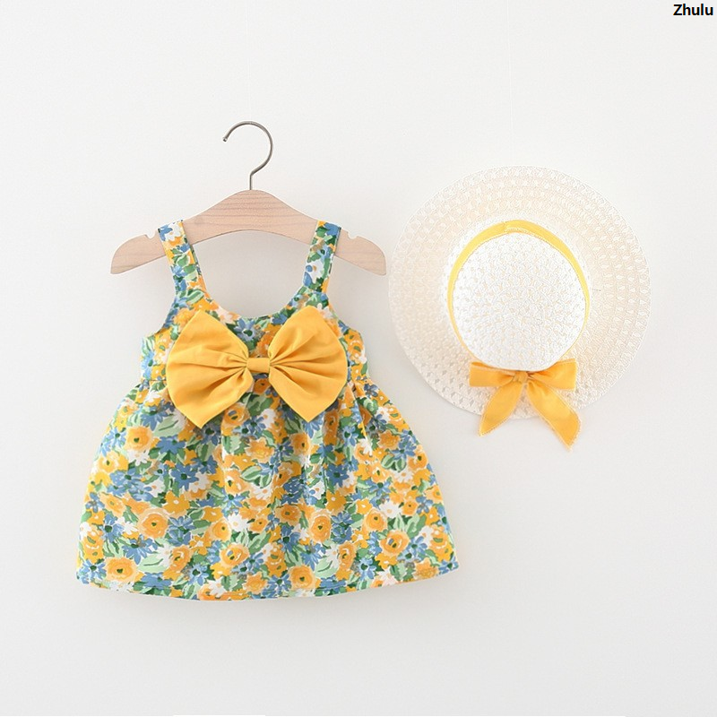 ZhuluPortable Fashion Hat bow new dress girls children's clothes set 2 pieces / summer Korean version suspender flower beach skirt