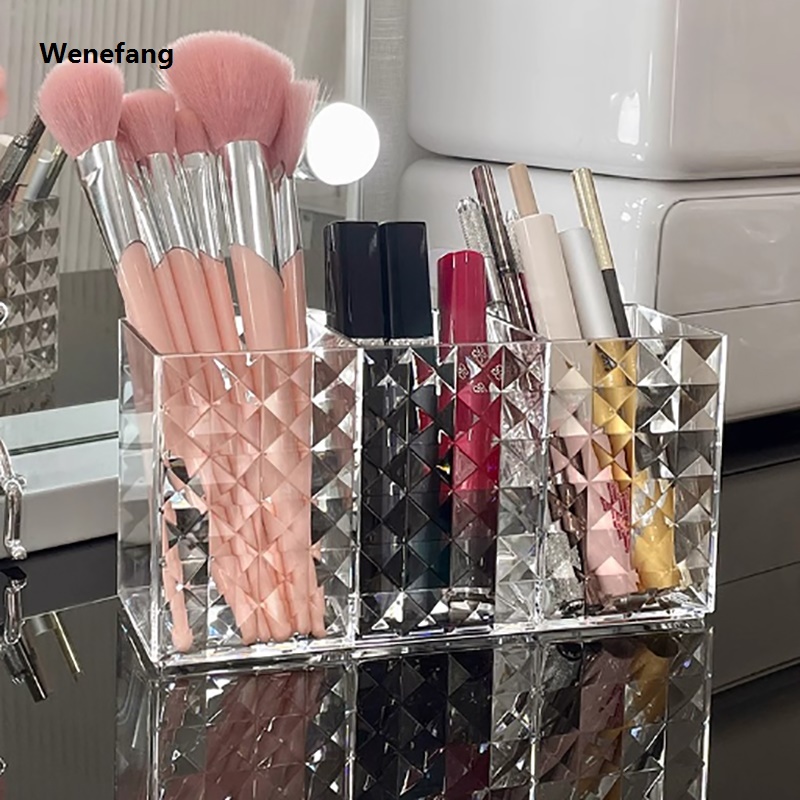 Wenefang 3 Compartments Acrylic Transparent Makeup Brush Storage Holders Bargain price Personality Desktop Eyebrow Pencil Lipstick Cosmetic Organizer
