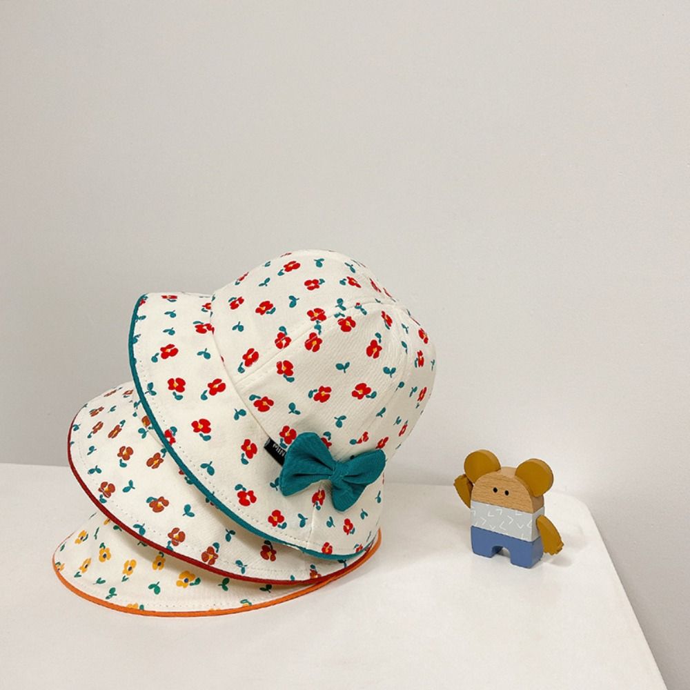 Linman Cute Flower Bucket Cap Wide Brim Cotton Baby Shadi ng Hat Anti-UV Bowknot Children's Fisherman Hat Boy
