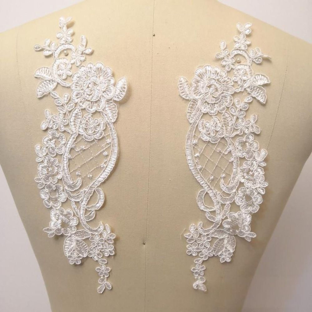 1 pair Luxury White Flower Lace Applique DIY Handmade Lace Embroidery Patch Apparel Sewing DIY Clothing Patch for Evening Gown