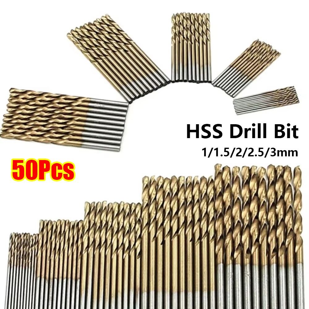 50Pcs/Set New 1/1.5/2/2.5/3mm Twist Drill Bit Set High Speed Steel Anti Rust HSS Drill Bit Titanium Coated Wear Protection Woodworking Hole Opener Metal Wood Aluminum Drilling