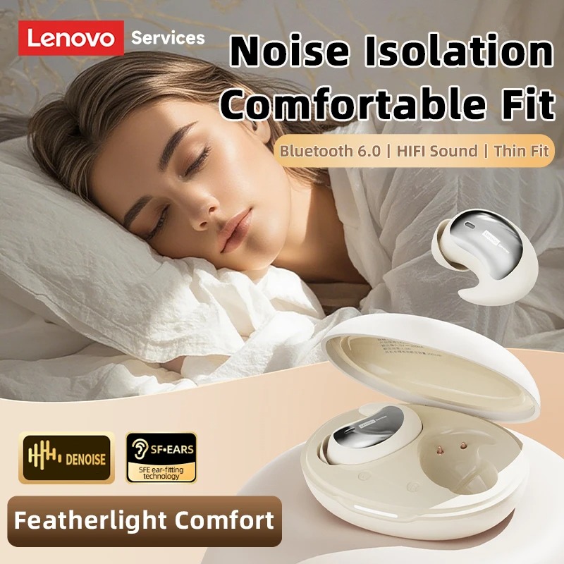 Lenovo LE203 Sleep Invisible Earbuds Wireless Bluetooth 6.0 In-Ear Earphone Stereo Sound Small Lightweight Comfortable Noise Canceling Headphones