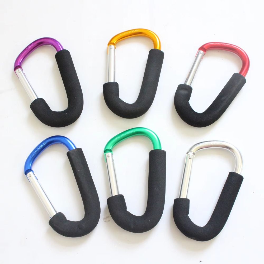 2Pcs Hard Multifunction Baby Stroller Hook Sponge Handle Aluminum Alloy Carriage Hanger D-Ring Soft Grip Mountaineering Buckle Hammock