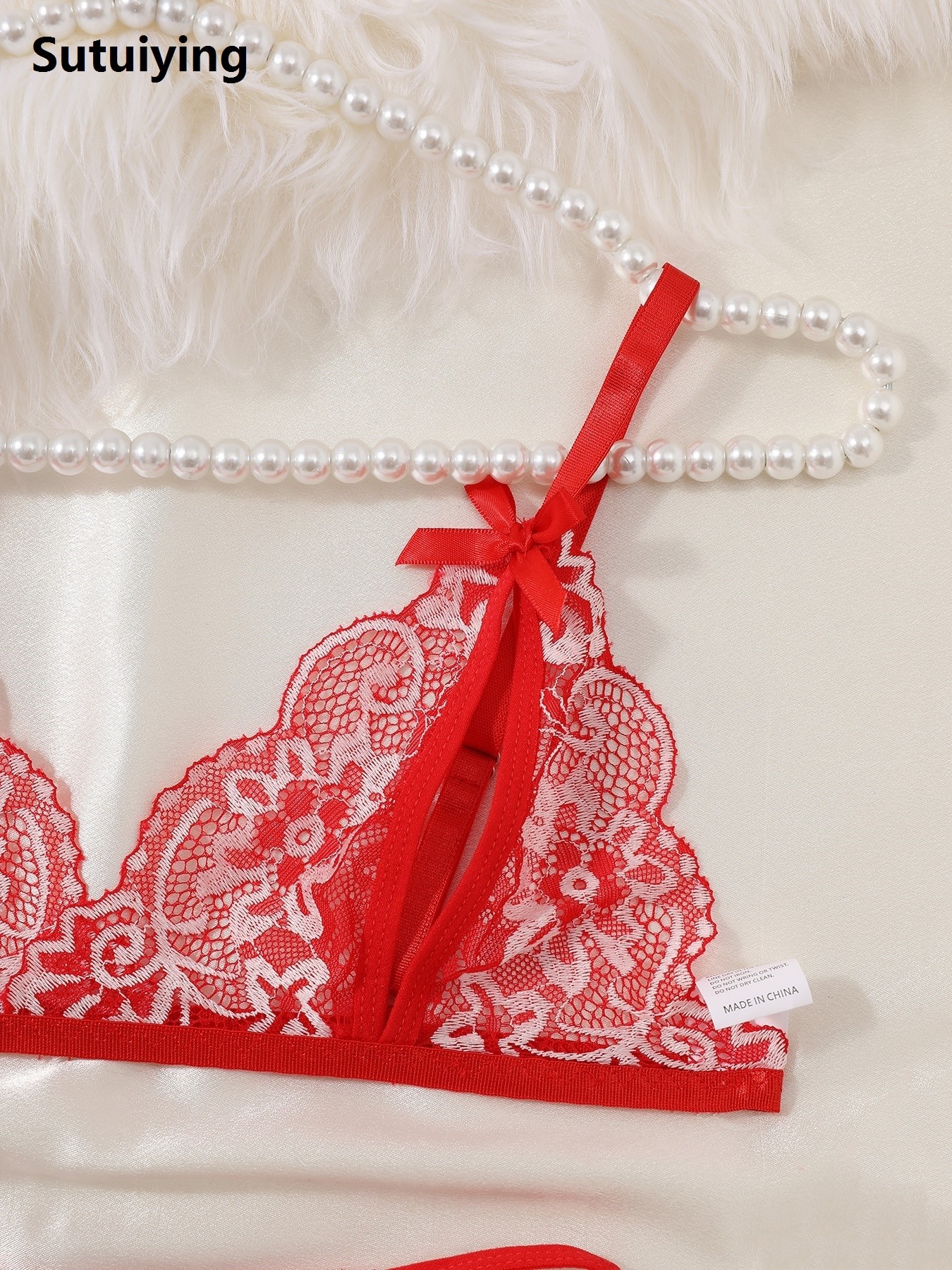 Sutuiying Original New Women Lingerie Red Bra Panties Set Cute Bow Ultrathin Lace Underwear Set Temptation Hot Outfits For Pretty Girls