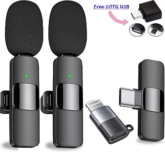 K9 Dual Wireless Collar Clip Professional Microphone For Live, Video, Sound Recorded Type-C & Iphone