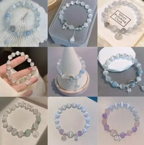 1 Piece Korean white moonlight stone crystal bracelet for women girls/ luxury imitation opal beads elastic charm bracelet