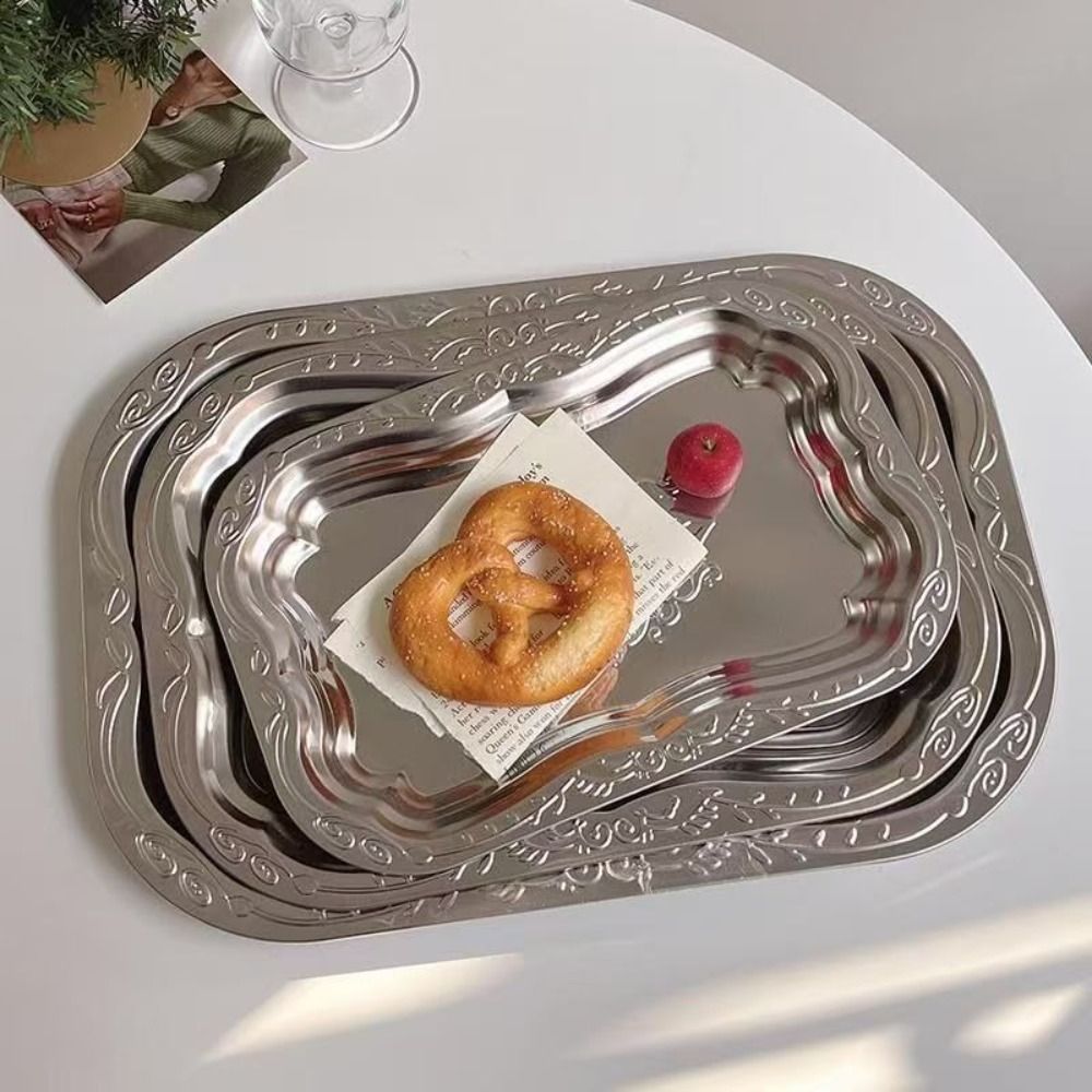 New Stainless Steel Floral Dining Tray Rectangular French Vintage Fruit Snack Tray Cake Plate Restaurant Commercial Storage