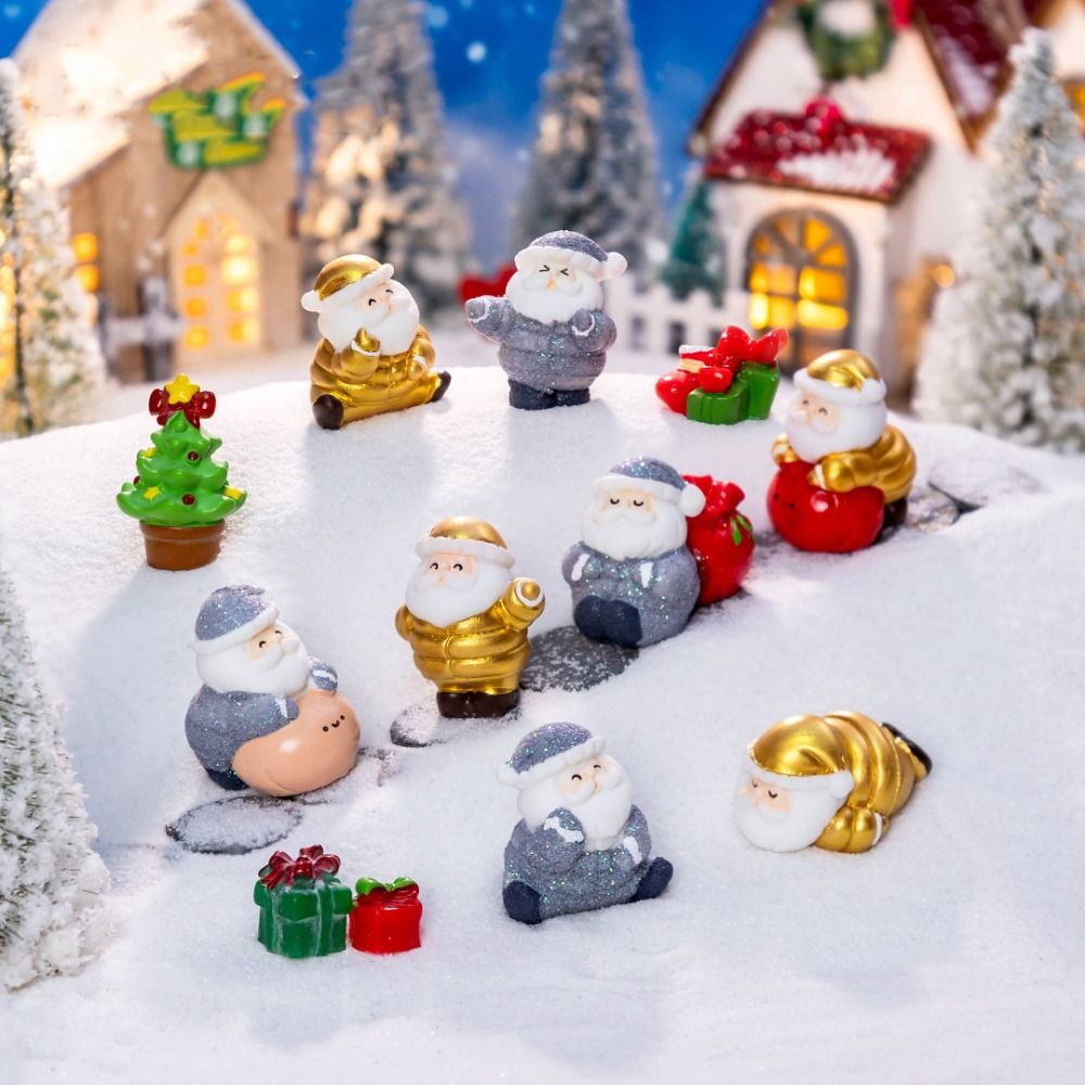 Creative Gold Silver Christmas Figurines Resin Xmas Ornament Cartoon Santa Statue Bonsai Gift Miniature Santa Claus Party Supplies