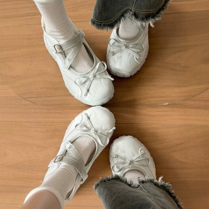 Pebbles Nepal Korean Style Chunky Ballet Sneaker Mary Janes - White Coquette Ribbon Strappy Shoes for Women