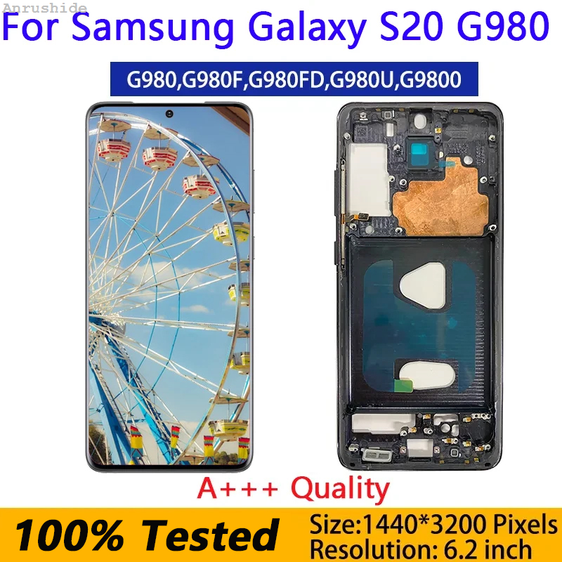 Anrushide Super AMOLED SM-G9800 S20 Display Touch Screen Digitizer Assembly Luxury for Samsung Galaxy S20 5G NEW LCD G980 G980F Repair Part