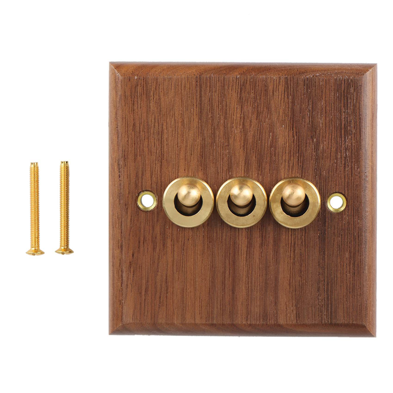 OUMERY 3X Retro American Industrial Style Light Switch Socket, Solid Wood Brass Toggle Switch Plate,Antique Home Stay Switch(3)