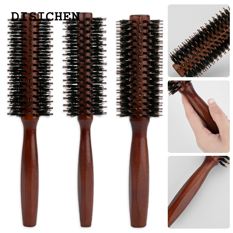 DISICHEN New Porcine Bristle Solid Wood Curly Hair Comb Square Handle Hair Styling Roller Comb Flat Rolling Hair Root Fluffy Comb Hairbrush