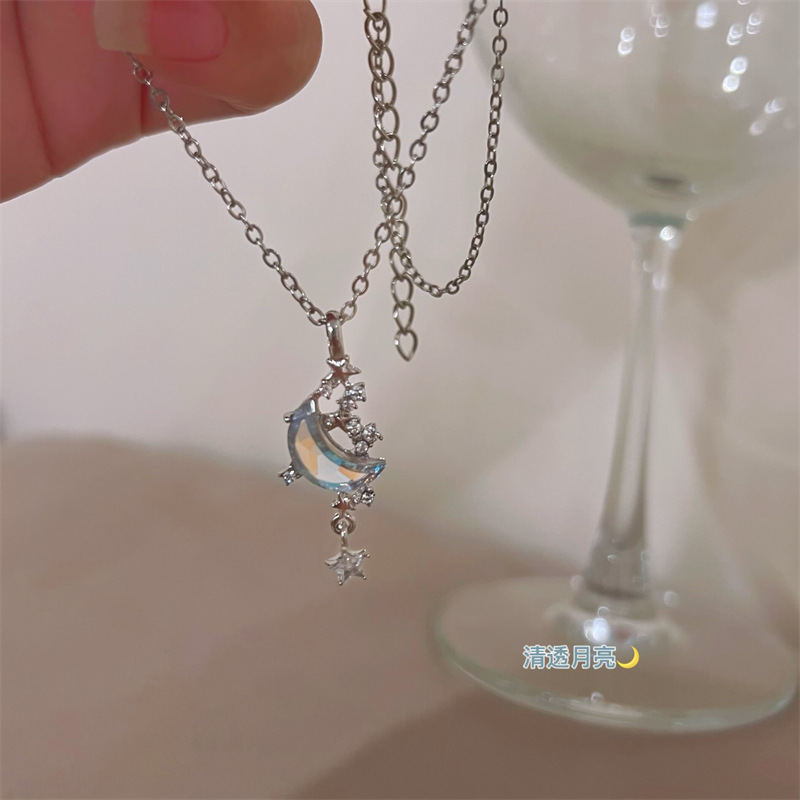 【New arrival】Super Fairy Magic Moon Splash Starry Sky Silver Necklace Women's Japanese and Korean Style Light Luxury Elegant Niche Design Moon Pendant Clavicle Chain