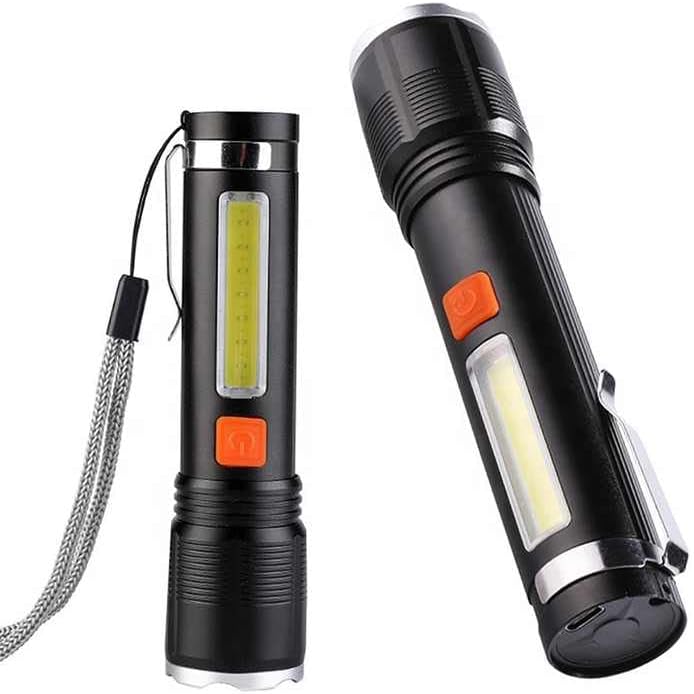 Shoppoint BX-P112 12000mAh Rechargeable LED Flashlight | USB Charging Metal Torch Light with Zoom Front Side Light Waterproof Emergency Lamp