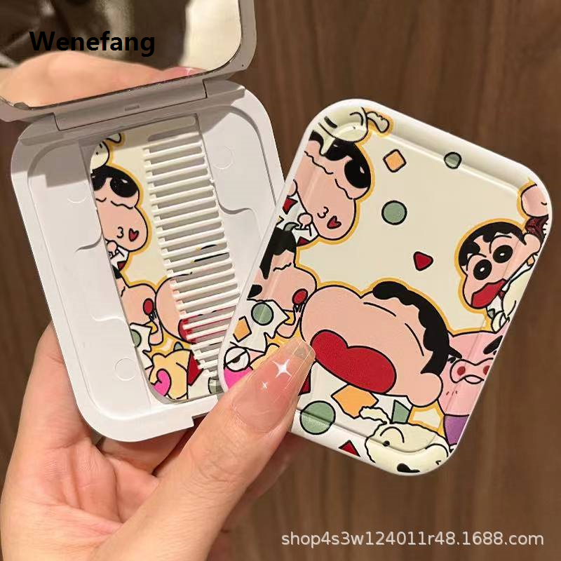 Wenefang Anime Crayon Shin Chan Handheld Mirror Foldable Mirror Comb Makeup Hot Selling Portable Holiday Gift Girls Cosmetic Mirror Birthday Gifts
