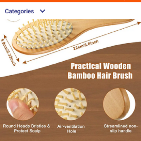 Natural Wooden Bamboo Hair Brush for All Hair Types (Pack of 1)