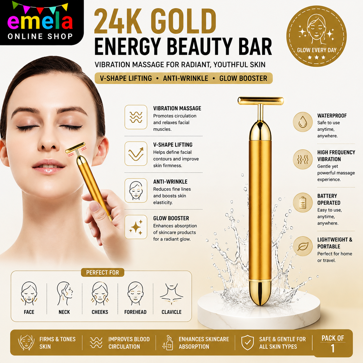24k Gold Energy Beauty Bar - Electric Vibration Facial Massage V-Shape Roller | Waterproof Anti-Wrinkle T-Shaped Massager for Face, Neck, Cheeks, Forehead, & Clavicle - Gold Color By Trimandu