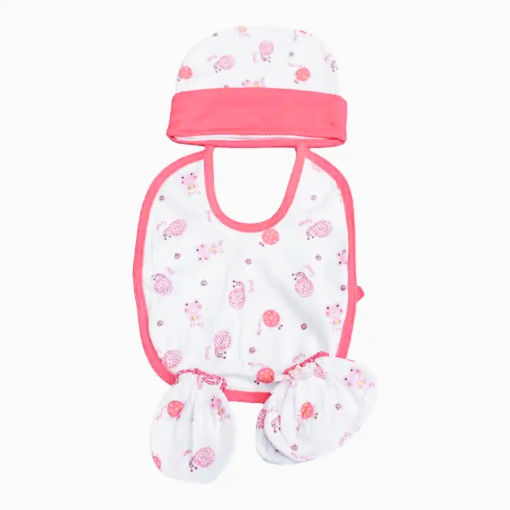 Peach/White Color Cartoon Printed Newborn Beanie, Bibs, Mittens And Socks Set