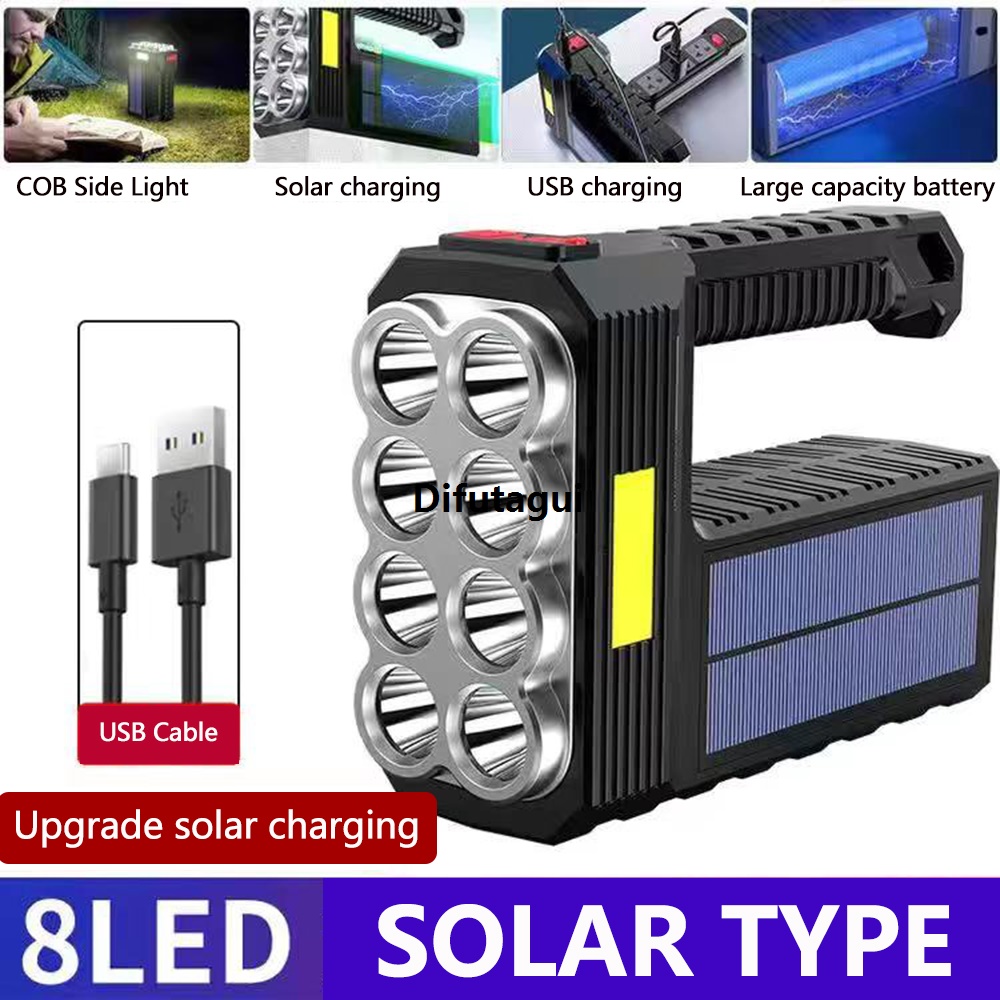 Difutagui 2025 NEW Solar Flashlight Rechargeable 8 LED Handheld With COB Sidelight, High Lumens 3 Modes Searchlight, 2025 New Portable Lightweight Waterproof Spotlight For Fishing Outdoor Camping Emergencies