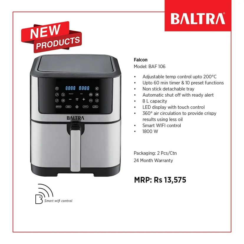 Baltra Falcon 8L Smart WiFi Air Fryer 1800W | Digital Touchscreen LED Display Oil-Free Cooker with 10 Presets, 360° Air Circulation & 24-Month Warranty (Black/Silver, BAF-106)