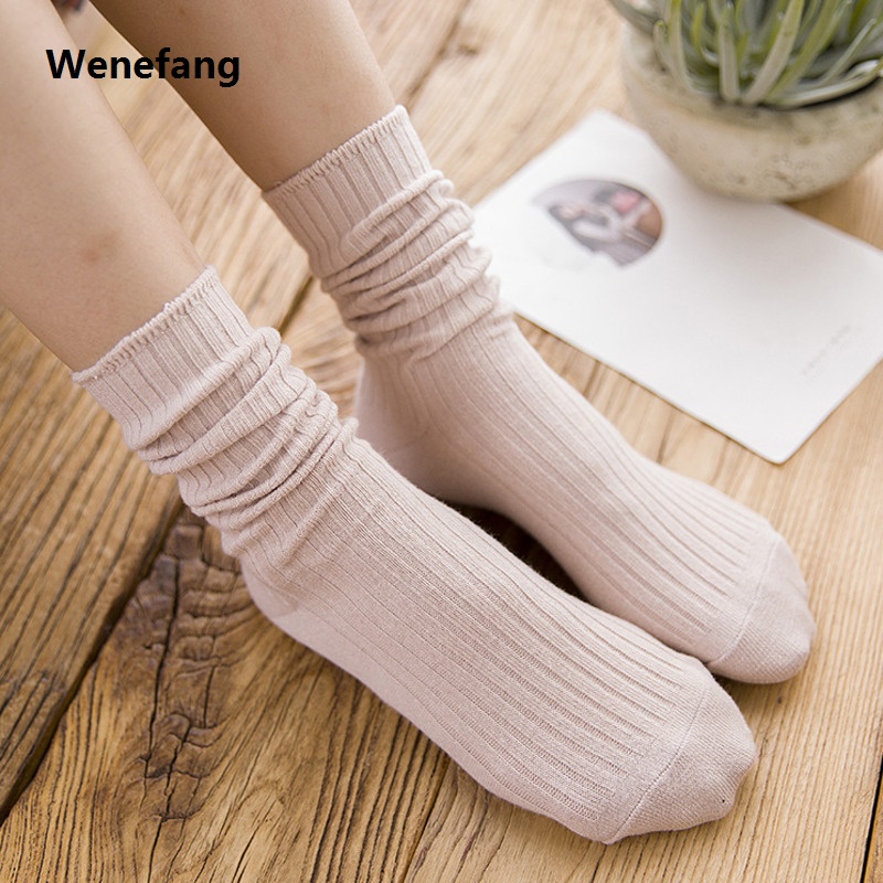 Wenefang 1pair Women Cotton Loose Socks Knitting Solid Color Black Pink Student Girls Stockings Elegant Retro Long Socks Breathable