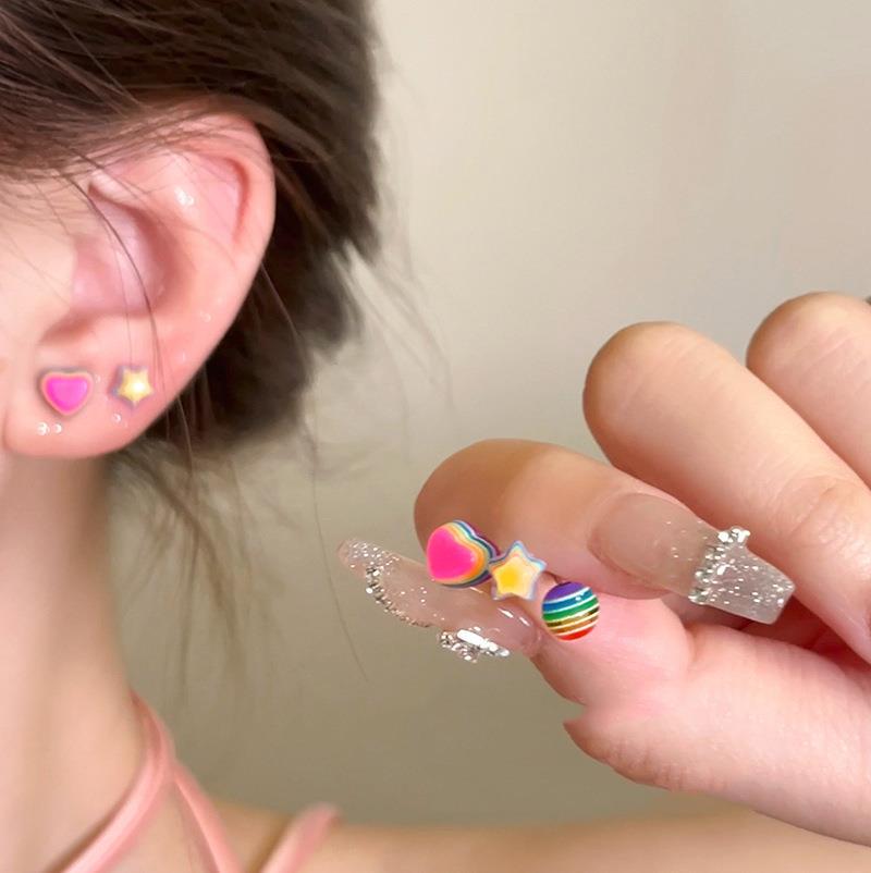 【New Arrivals】Rainbow Candy Star Love Earrings Women's Set Earrings 2025 New Sweet Cute Niche Design Sense Earrings