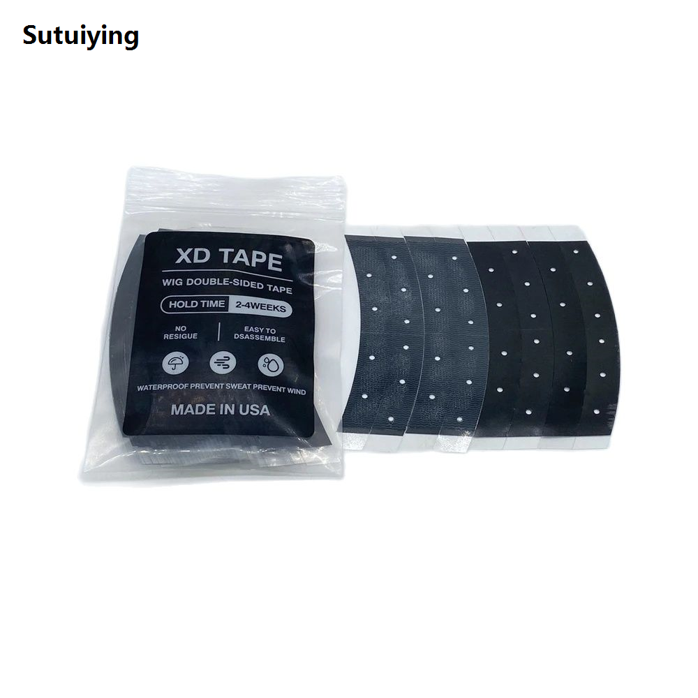 Sutuiying 36 pieces 7.6 cm* 2.2 cm black XD double side tape with holes lace High Quality front wig tape arc double sided Tape for toupee wig adhesive