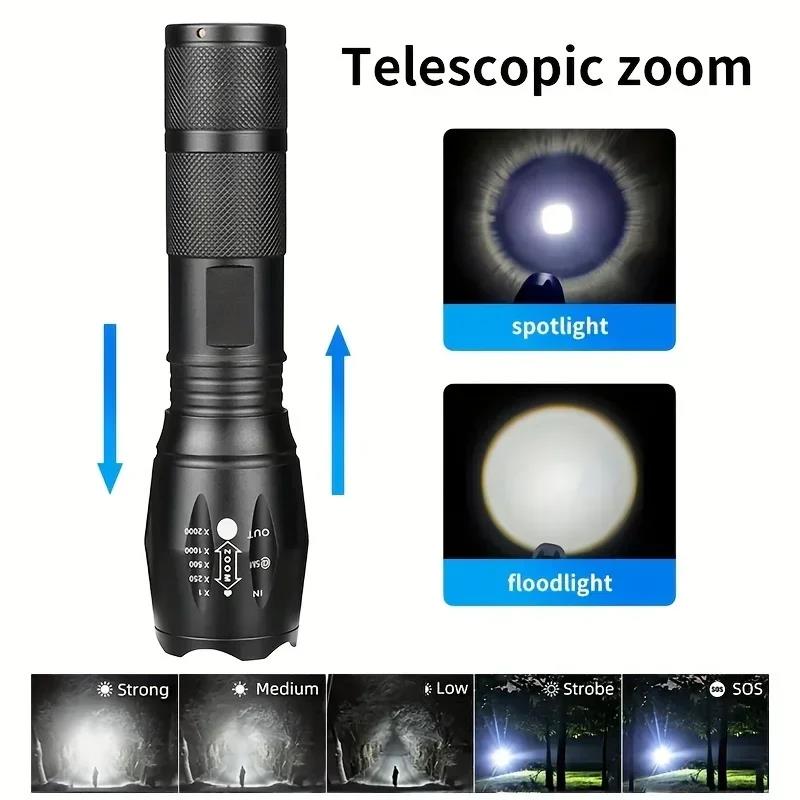2025 High Power T6 LED Flashlights Aluminum Alloys Battery Powered Zoomable 5 Light Modes Torch Outdoor Camping Hiking Fishing Lamp