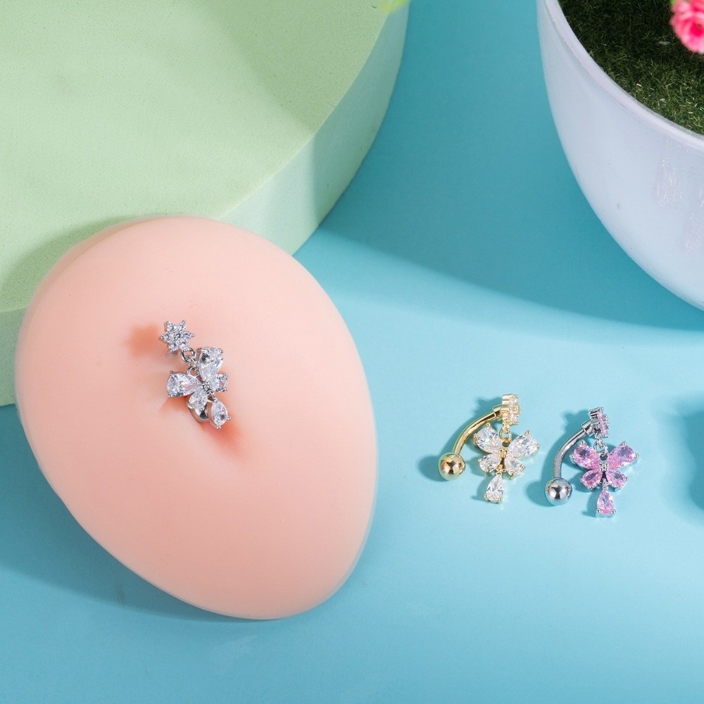New Bow Belly Button Rings Flower Head Butterfly Design Dangle Belly Rings Cute 316 Stainless Steel Reversed Navel Rings Beach