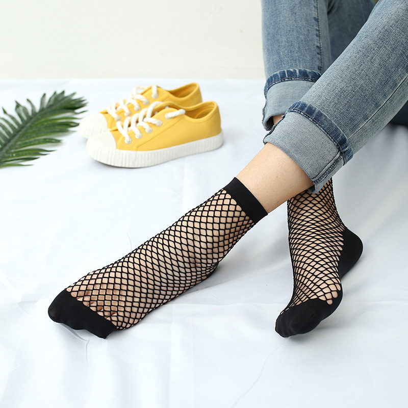 1 Pair Stretchable Women’s Half Net Fishnet Socks - Black Nylon Fine Filar Mesh | Trendy & Comfortable | One Size Fits Most
