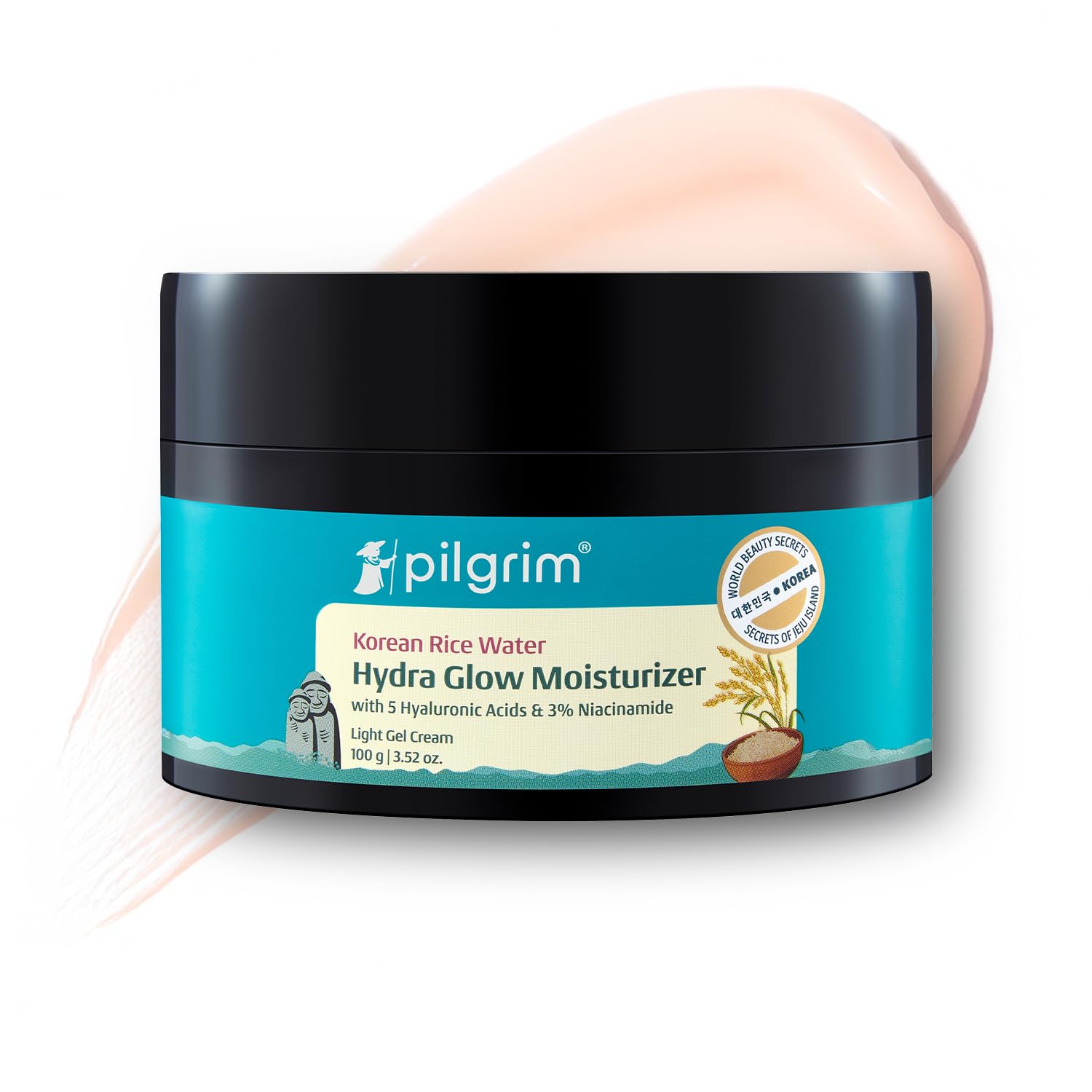 Pilgrim Korean Rice Water Hydra Glow Moisturizer 100GM with 5 Hyaluronic Acids, 3% Niacinamide, 5 Ceramides | 5X Hydration & Instant Glass Skin | Oil-