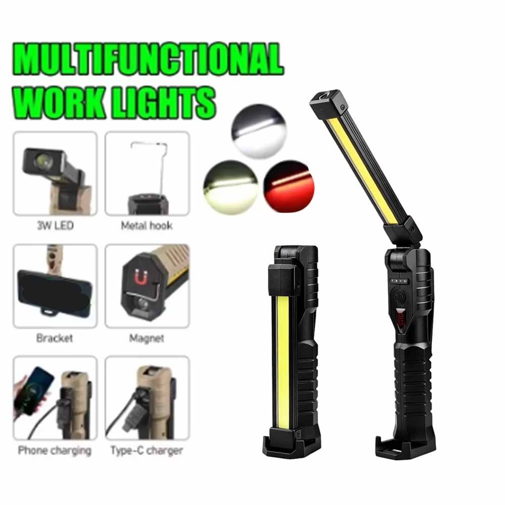 Inspection Lamp Multi-functional Foldable COB Flashlight Rechargeable Magnetic Base Folding Work Light Metal Hook 7 Light Modes Emergency Car Lamp Grill Lighting