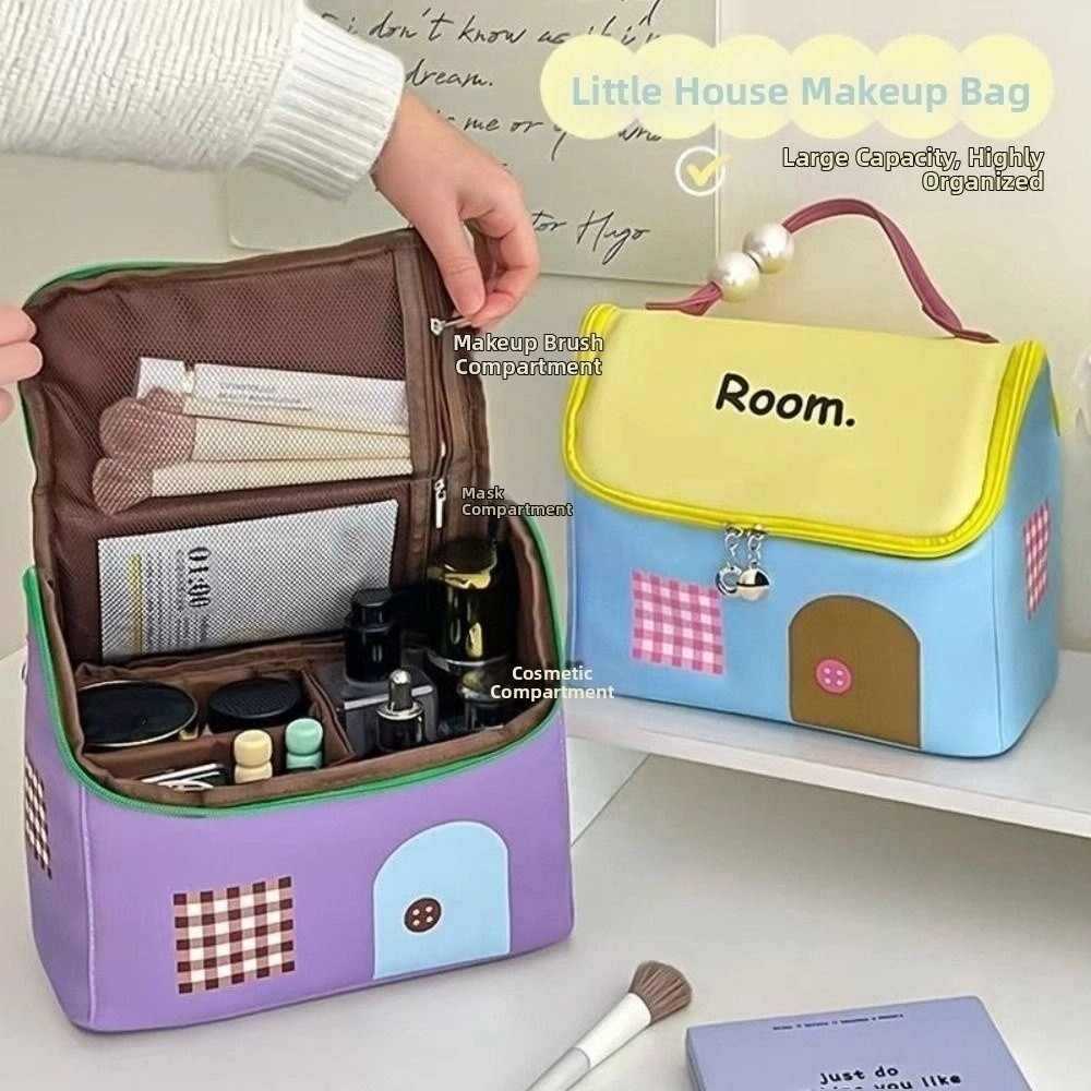 Cartoon Large Capacity House Shape Makeup Bag Cloth Color Travel Makeup Handbag Easy Carry Cute Toiletry Organizer Gift