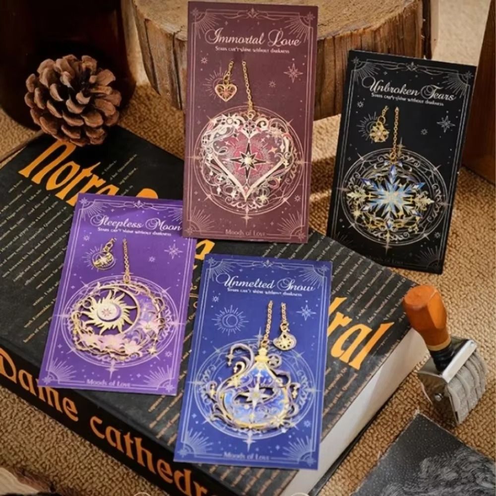 Portable Metal Bookmark Wind Flower Snow Moon Colorful Bronzing Book Clip with Chain Book Pages Mark Tool Students Teachers