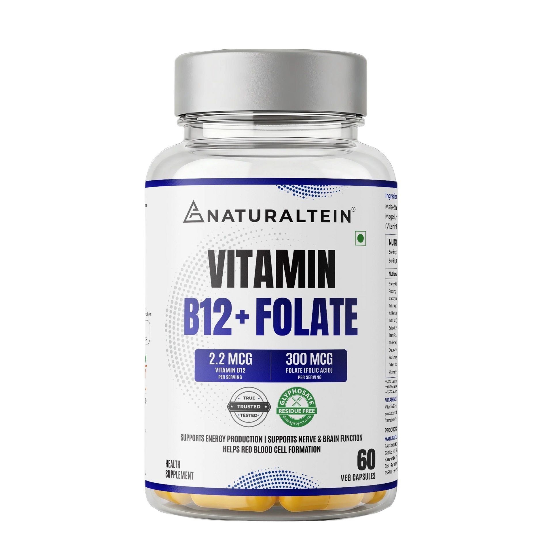 Naturaltein Vitamin B12 With Folate- 60 Veg Capsules For Supports Energy, Mental Clarity, Nerve Function & Heart Health