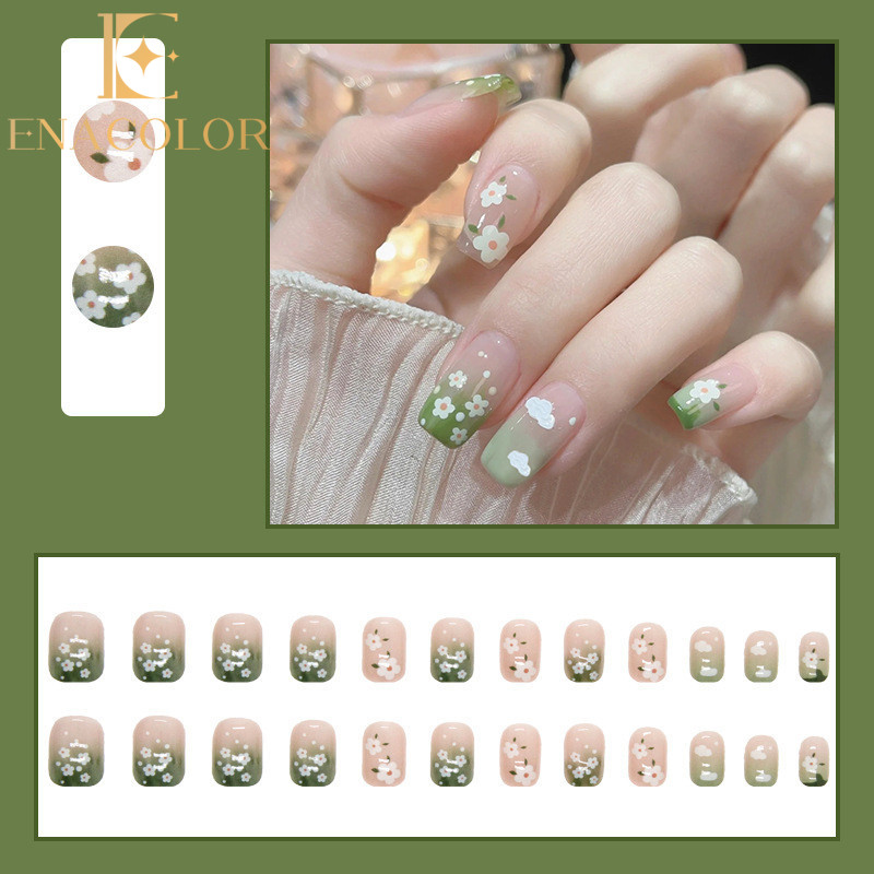 24Pcs Spring Lovely Short Green Flower Fake Nails with Glue DIY Art Design False Nails Wearable Nails Stylish Pattern Artificial Nails