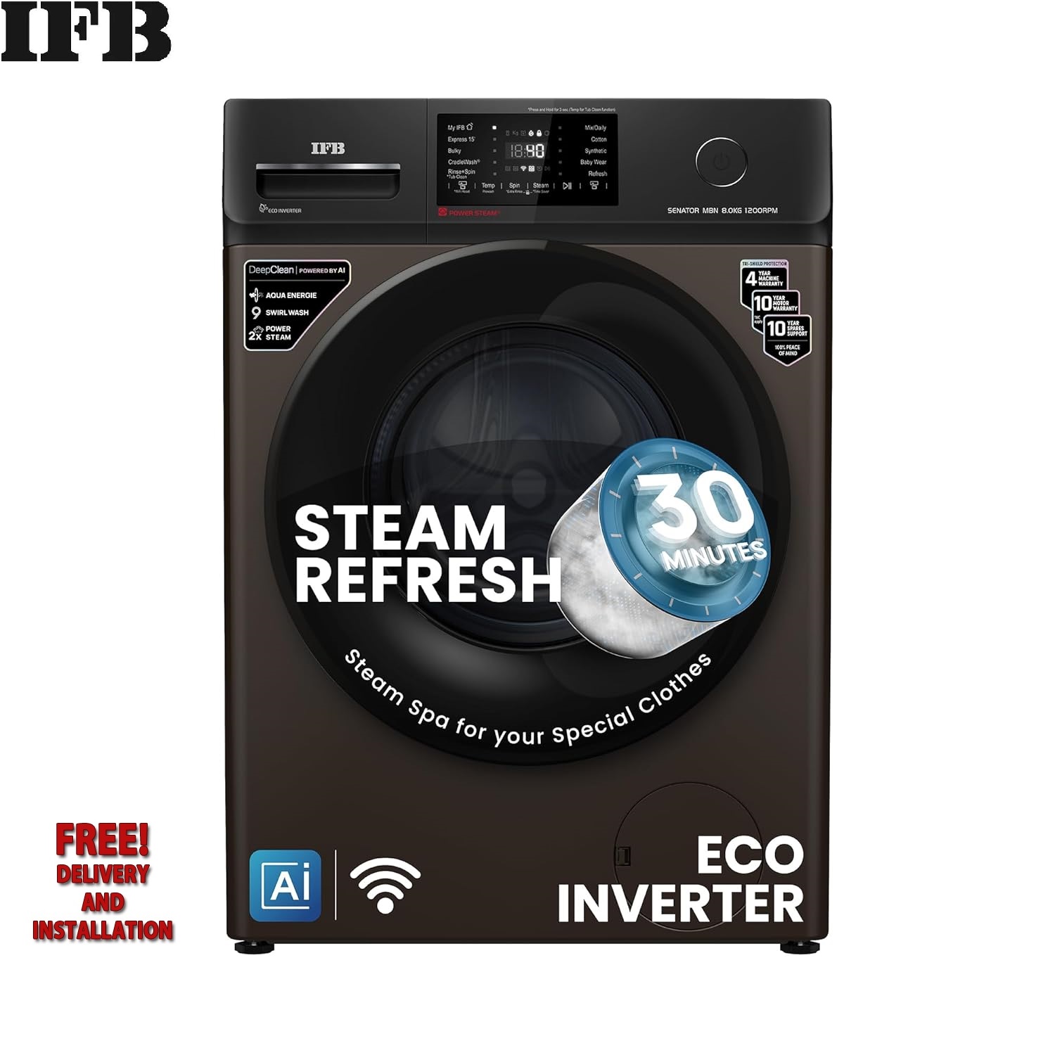 IFB 8 Kg 5 Star Powered by AI with 9 Swirl Wash, WiFi, Fully Automatic Front Load Washing Machine (Senator MBN 8012, Steam Refresh Program with Eco Inverter, Mocha)