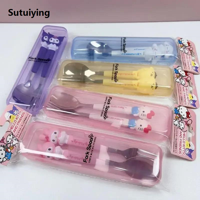 Sutuiying Kuromi Hello Kitty Spoon Fork 2 Piece Set Cute Sanrio Pompompurin Profesional My Melody Stainless Steel Child Tableware Kitchen Supplies