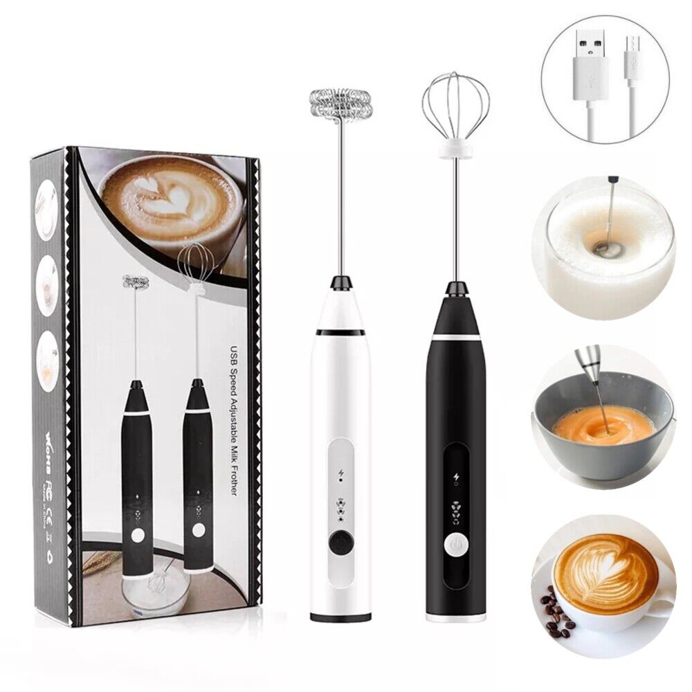 Milk Frother Handheld USB Charging Adjustable Speeds Milk Frother Electric With 2 Stainless Whisks Egg Beater Mini Blender Drink Mixer