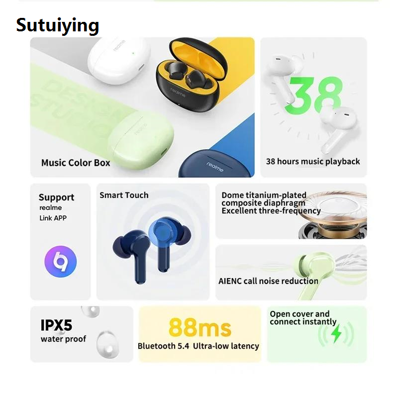 Sutuiying Original Realme Buds T110 Earphone Bluetooth AI Noise Cancelling Portable Wireless Headphone HiFI Sound Quality 38 Hour Battery Headset
