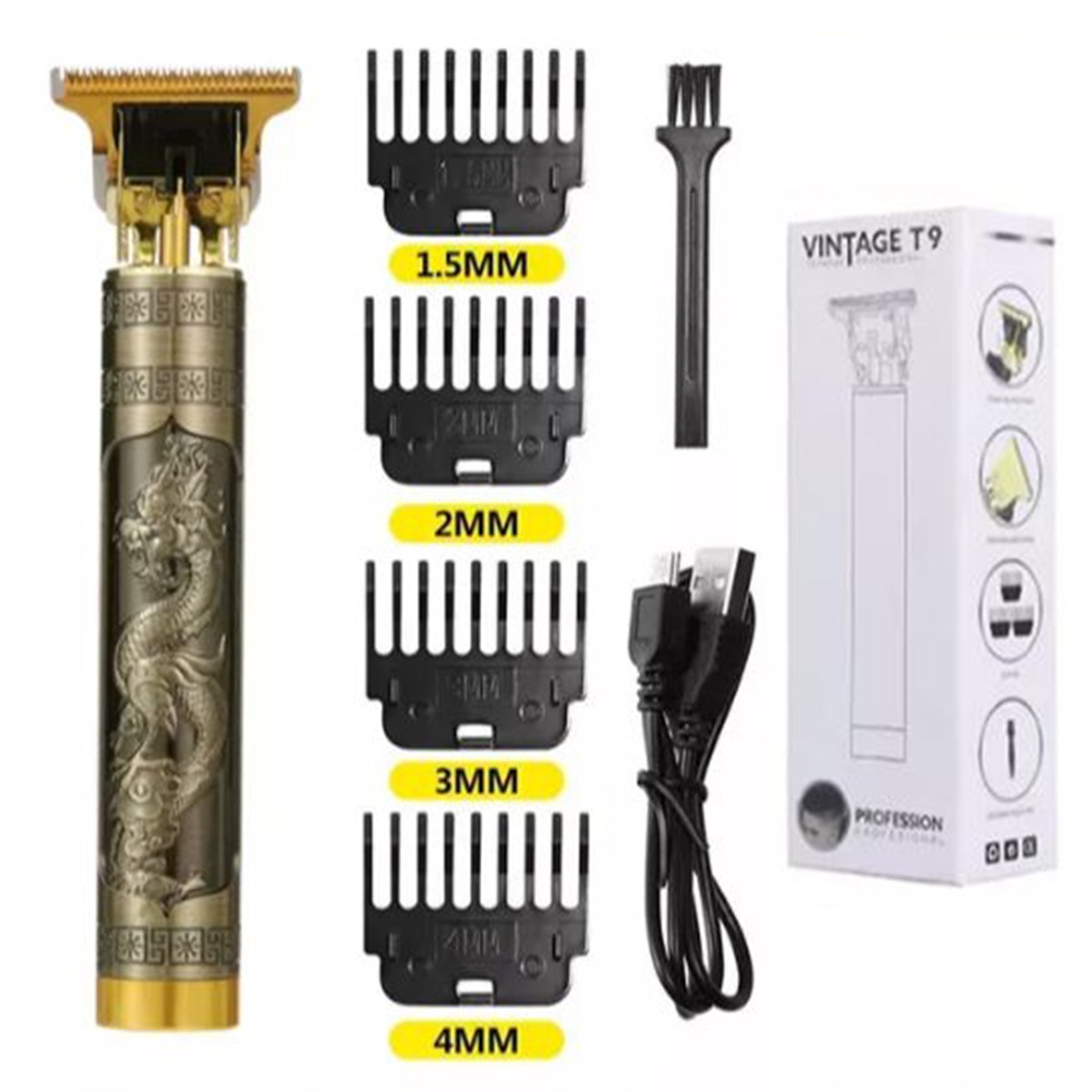 Vintage T9 USB Rechargeable Professional Stainless Steel Blade Hair Trimmer Clipper With 4 Limit Comb