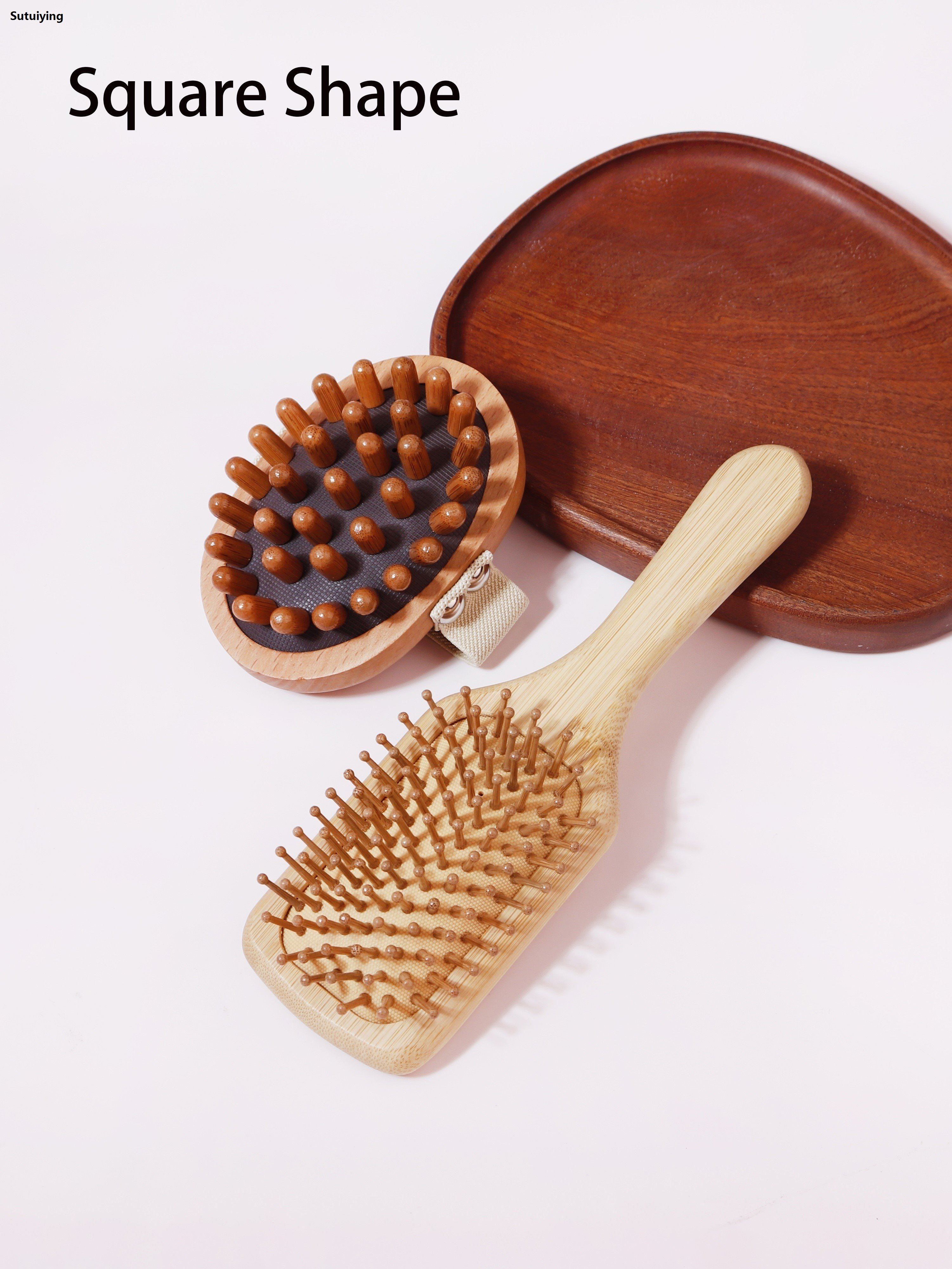 Sutuiying 2PCS natural bamboo and wood scalp massage hair brush, Original head and body care acupoint meridian brush
